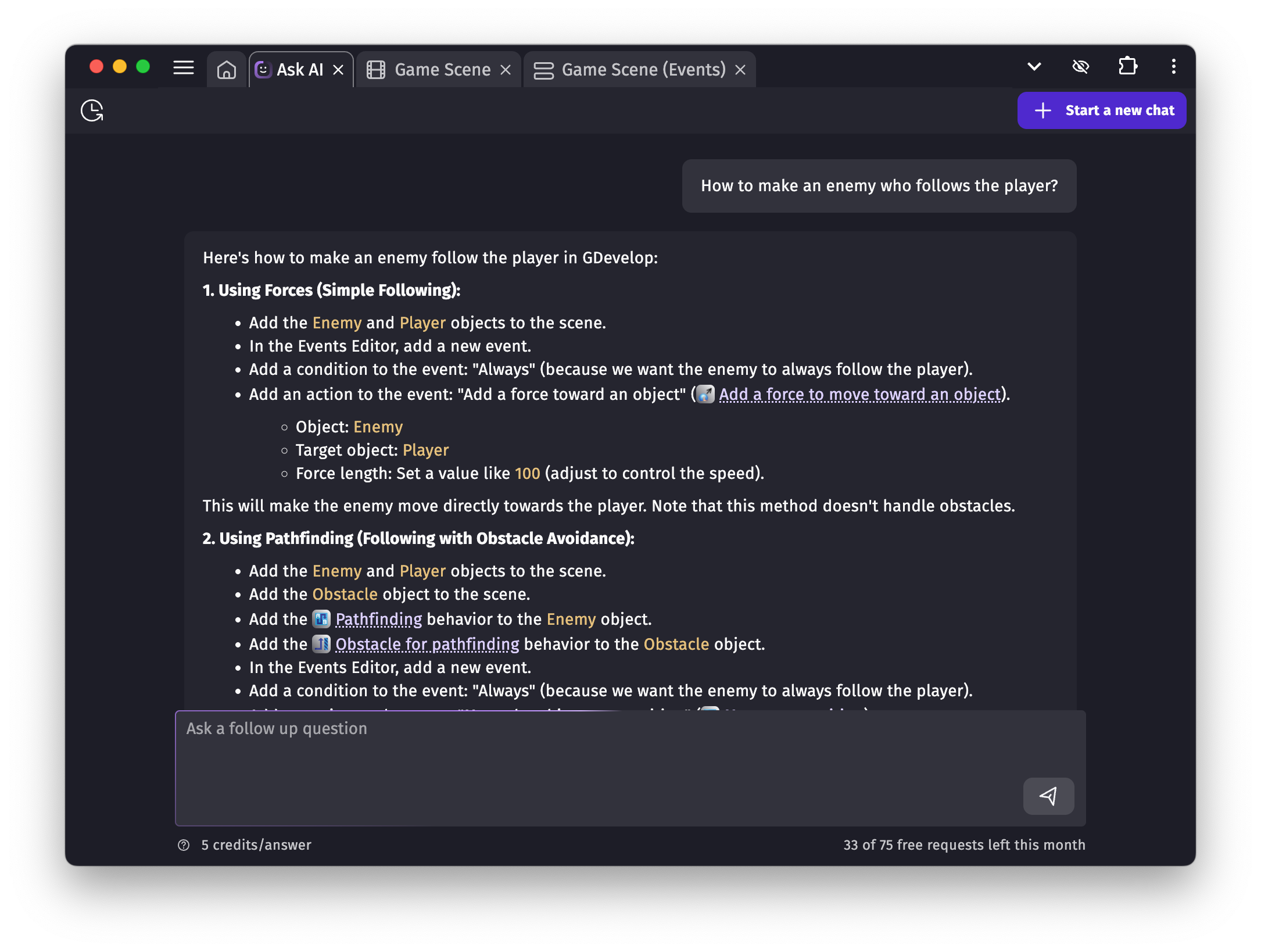 A conversation with the AI chat